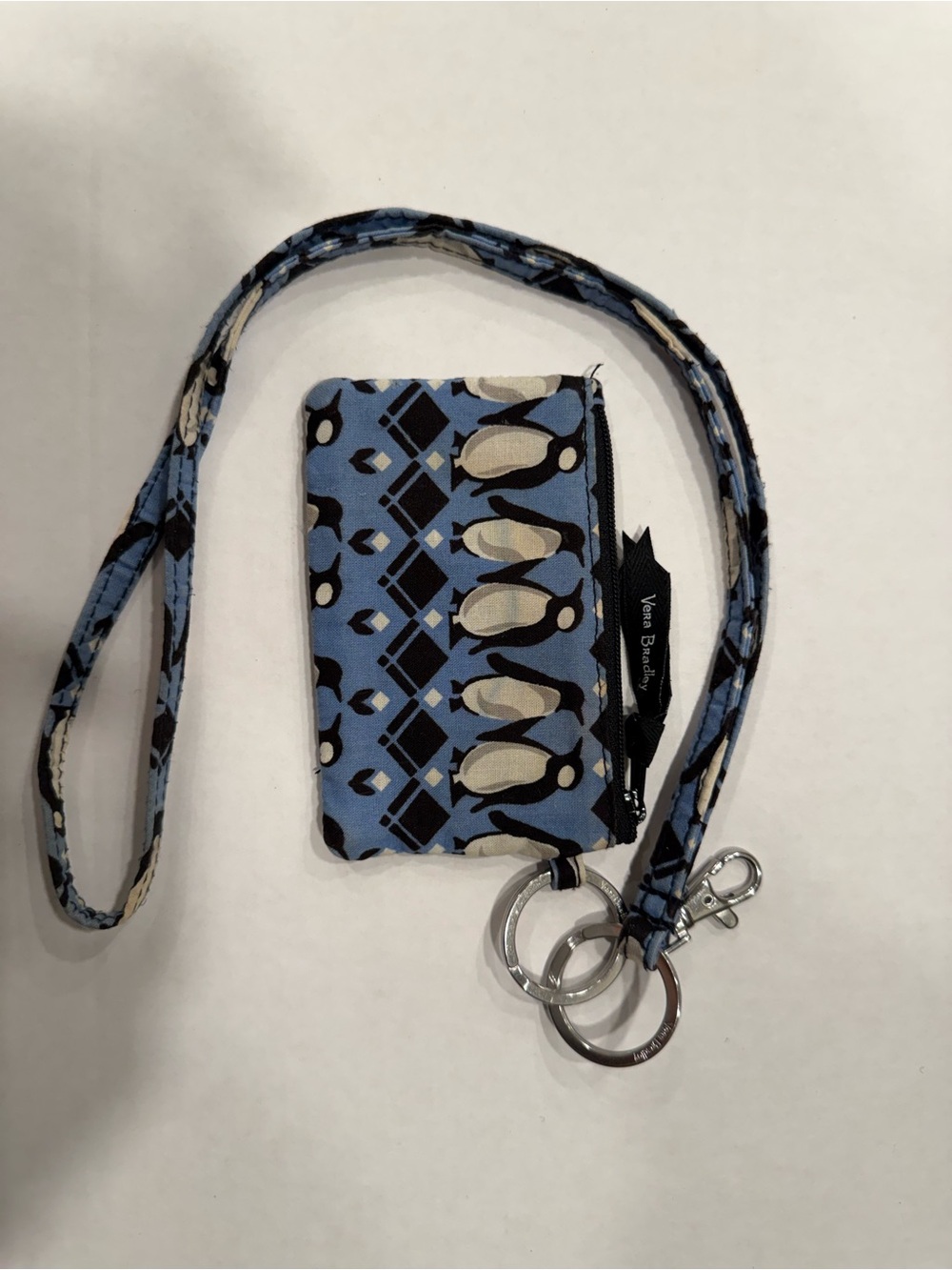 Vera Bradley Zip ID Case Wallet & Lanyard Penguins Intarsia Blue
